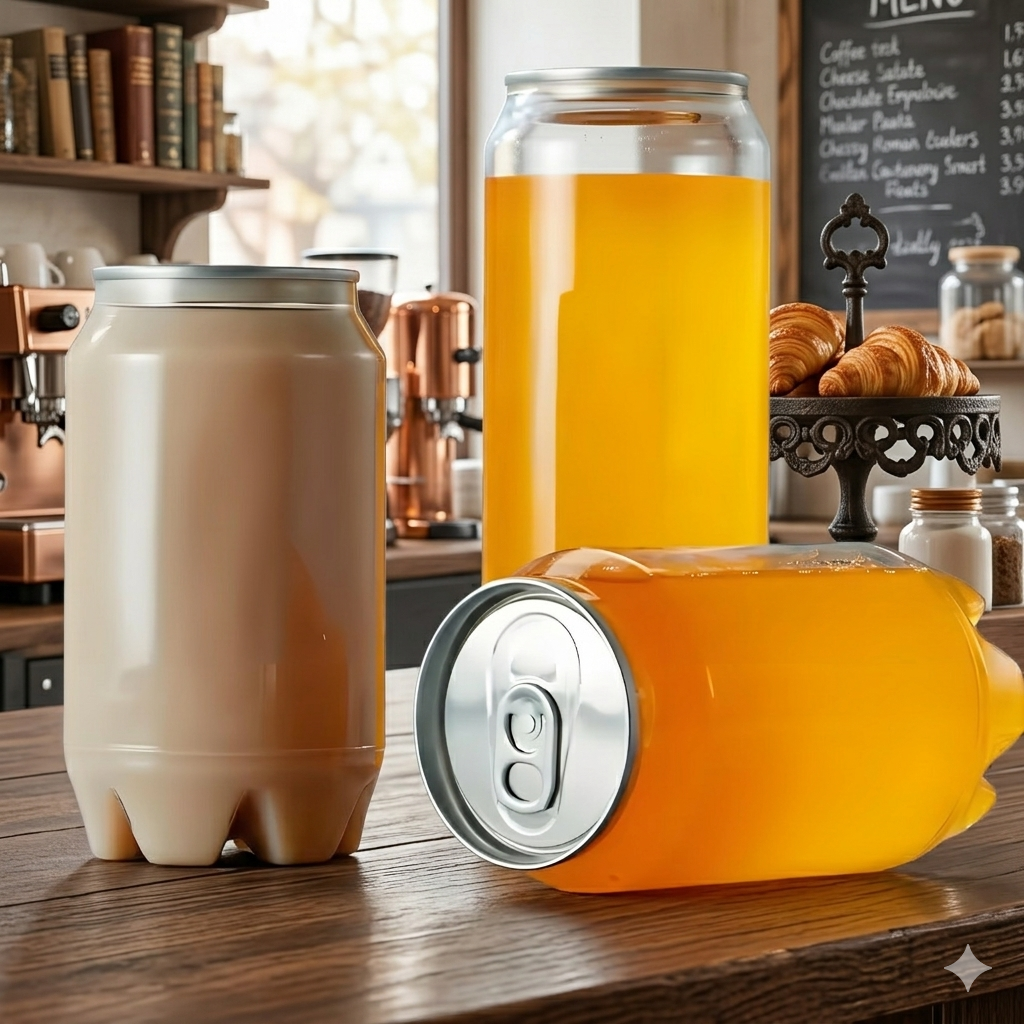 Various shapes of transparent PET cans in cafe setting