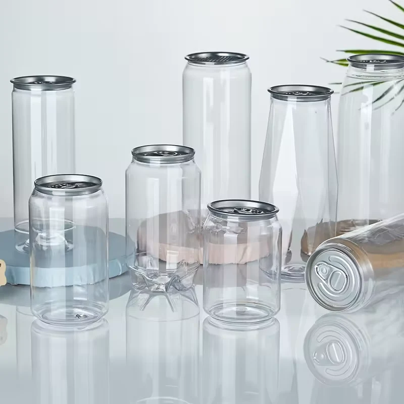 Clear PET beverage cans in multiple shapes and sizes with aluminum easy-open lids